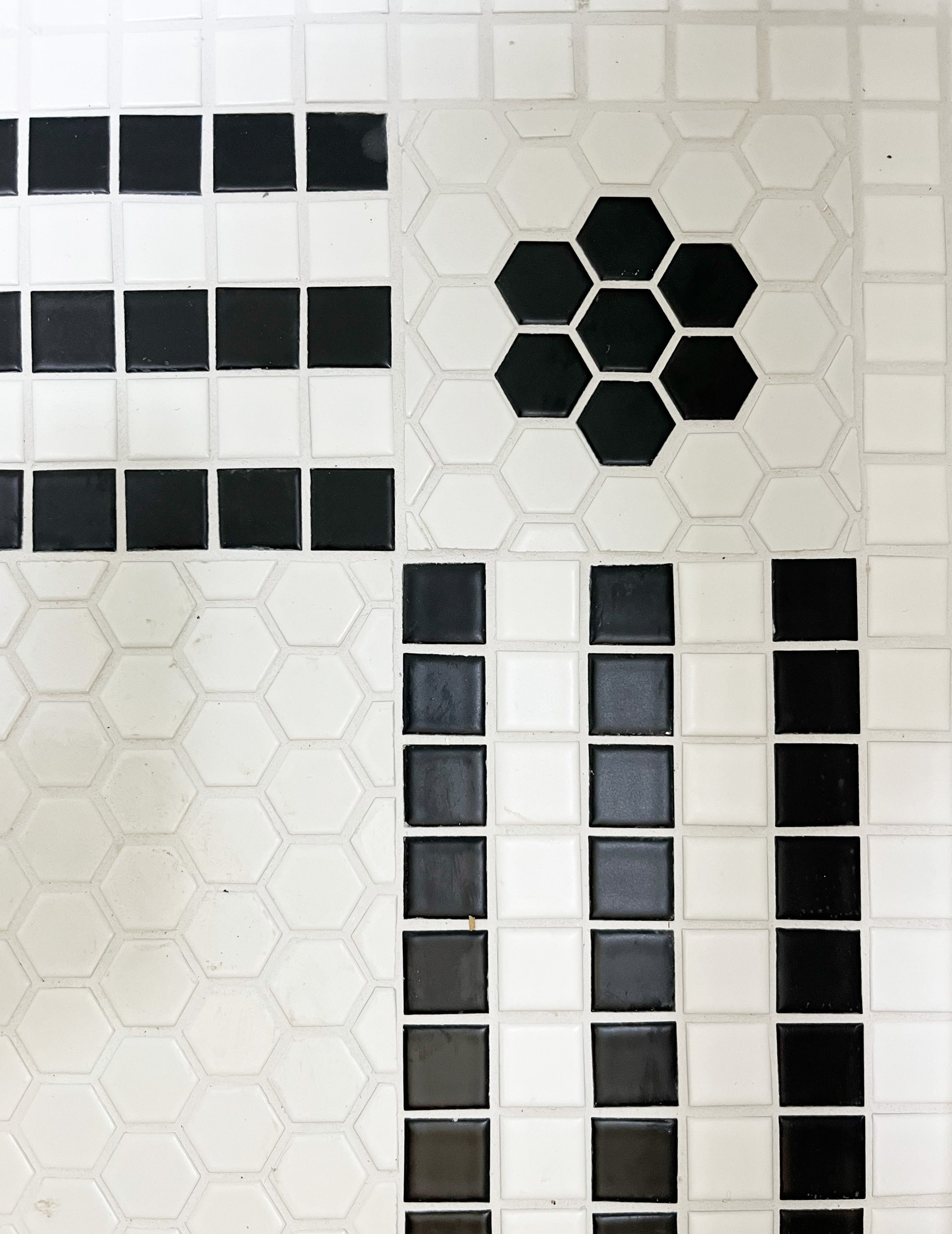 Black and white mosaic tile floor mixing hexagon and square fields with black flower motifs